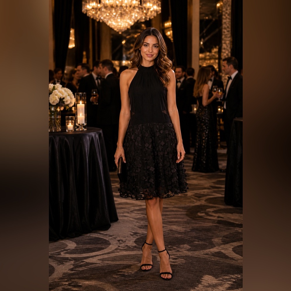 Xscape Black Textured Floral Dress - New with Tags